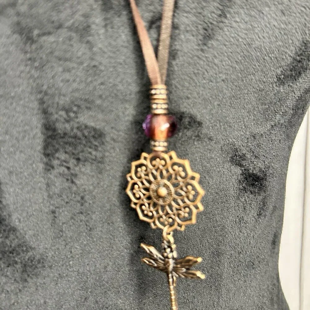 Flowers Dragonfly Necklace Antiqued Bronze Tone Leather Long 34
